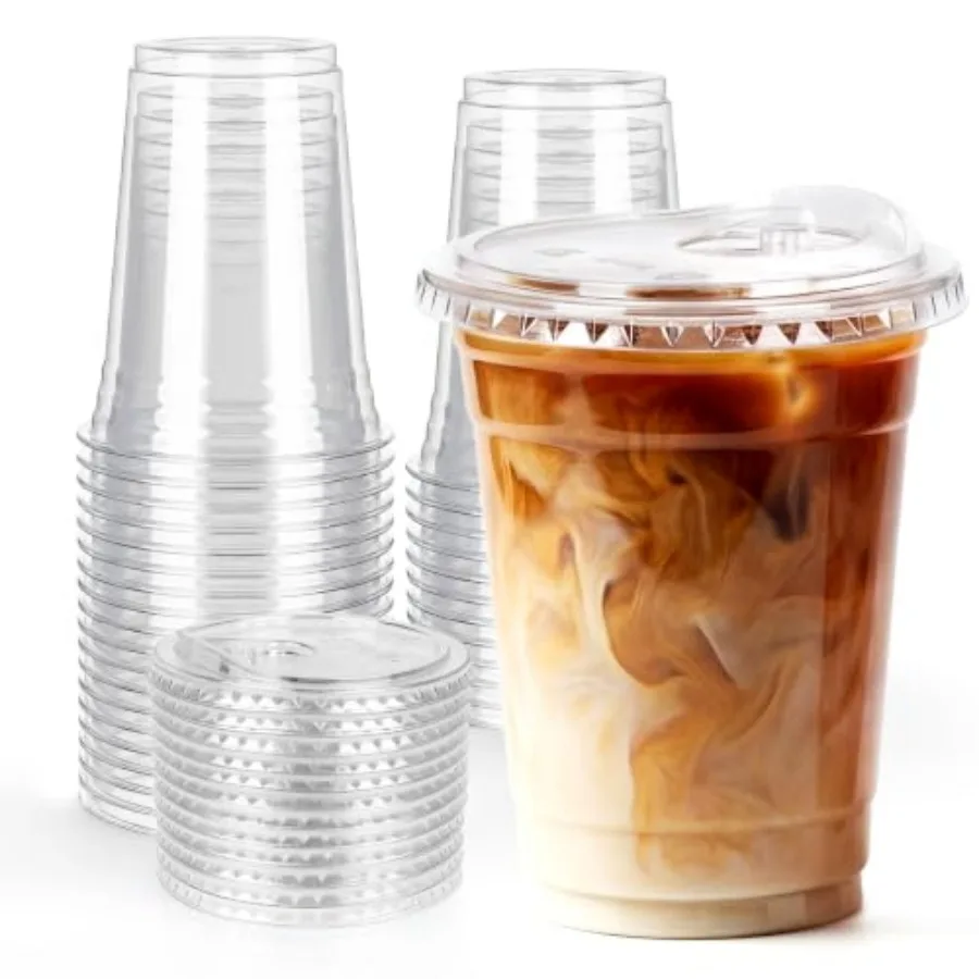 16 oz Clear Plastic Cups with Sip Lids, BPA Free Food Safe Disposable Iced Coffee Cups, Sturdy to Go Cups for Smoothies Cold Dr