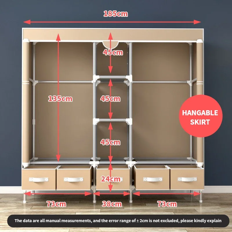 Reinforced and thickened 19mm steel pipe simple wardrobe, large-sized moisture-proof and dustproof cloth wardrobe, 185cm, with 5