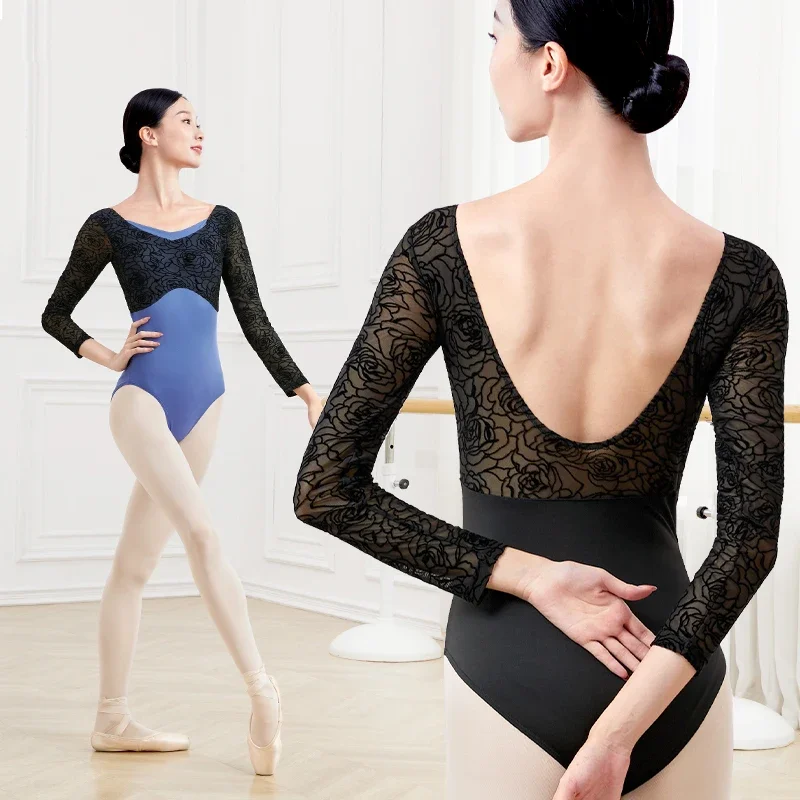 Women Ballet Leotards Gymnastics Leotards Flocking Splice Dance Leotard Square Collar U Back Long Sleeves Nylon Dancing Bodysuit