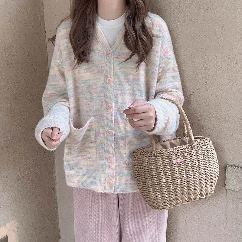 

Sweet Knitted Cardigans Women Autumn 2025 Long Sleeve V-Neck Loose Sweaters for Kawaii Girls