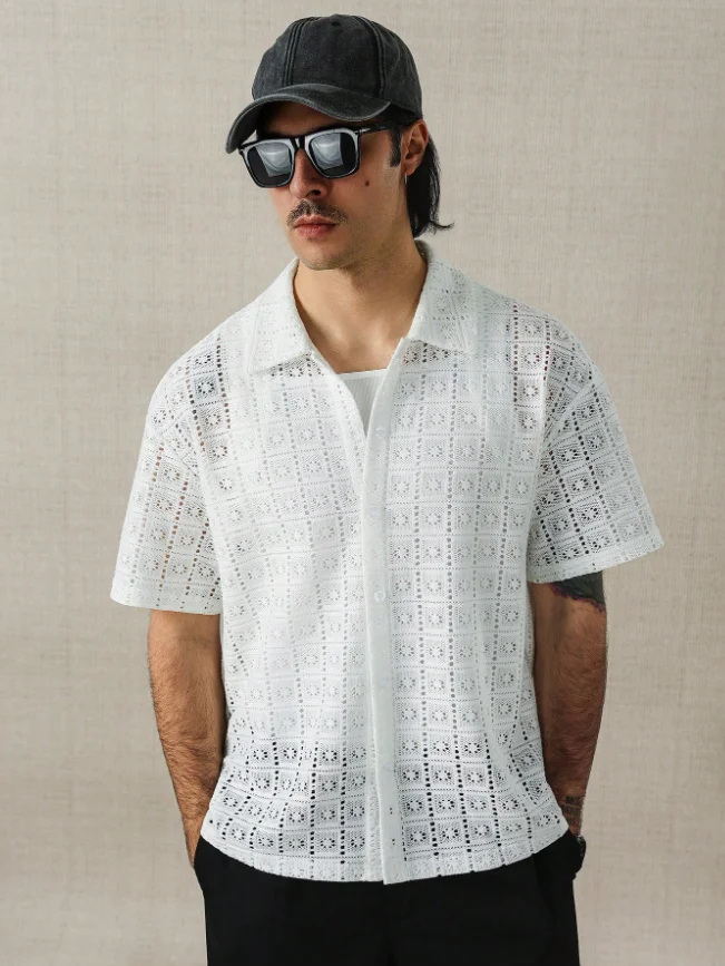 White Checkered Hollow Knitted Men's Short Sleeved Shirt Cuban Collar Summer Beach Casual Top