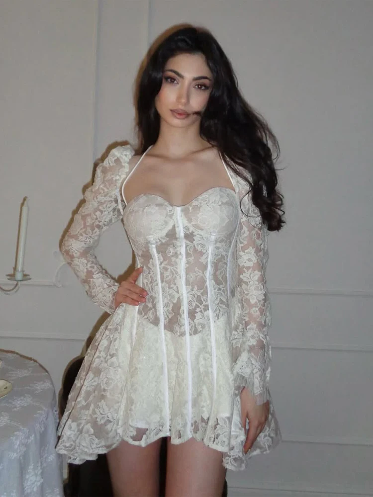 

2026 Women's Sexy Chest Wrapped Flared Sleeves Waist Cinched Fishbone Lace Dress See Through A-Line Dress Party Birthday Dress