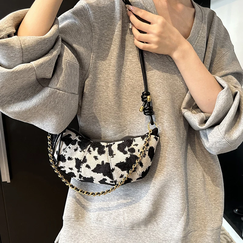 Brand Designer Canvas Cow Printed Pattern Women's Shoulder Bag Retro Chain Crossbody Bag Half Moon Handbag