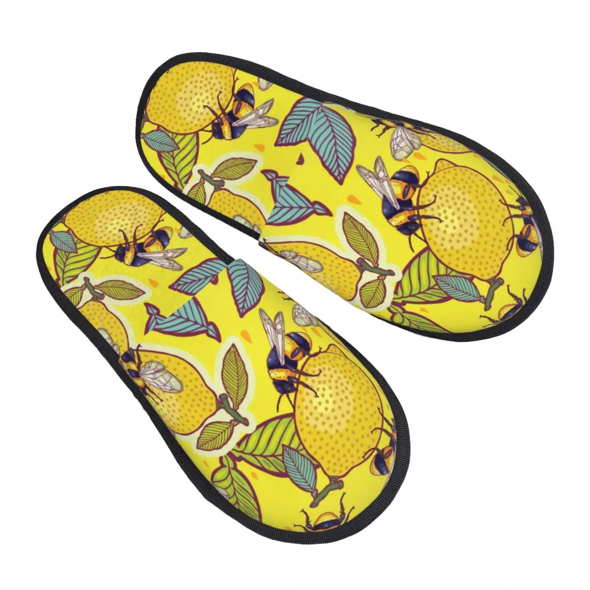 Custom Yellow Lemon And Bee House Slippers Women Soft Memory Foam Honeybee Slip On Bedroom Slipper Shoes