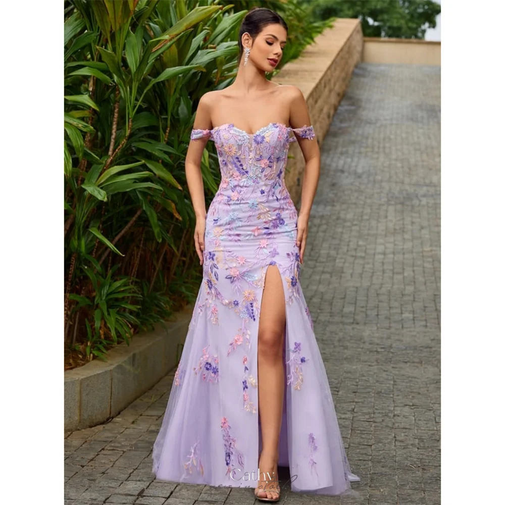 

Cathy Customized Purple Off Shoulder Embroidery Prom Dresses Appliques Mermaid vestidos de noiva Side High Split Formal Evening