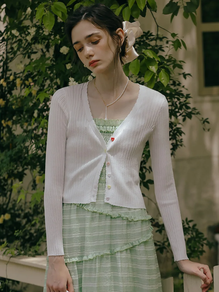 

White Lightweight Knitted Top with Cardigan Outerwear Sun Protection Summer Women's Fashion V-Neck Short Sleeve Vest Dress