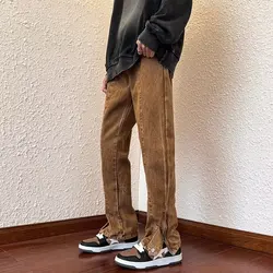 2022 Korean Fashion Ankle Zipper Vintage Brown Men Jeans Pants Luxury Straight Hip Hop Casual Denim Trousers Pantalones Hombre