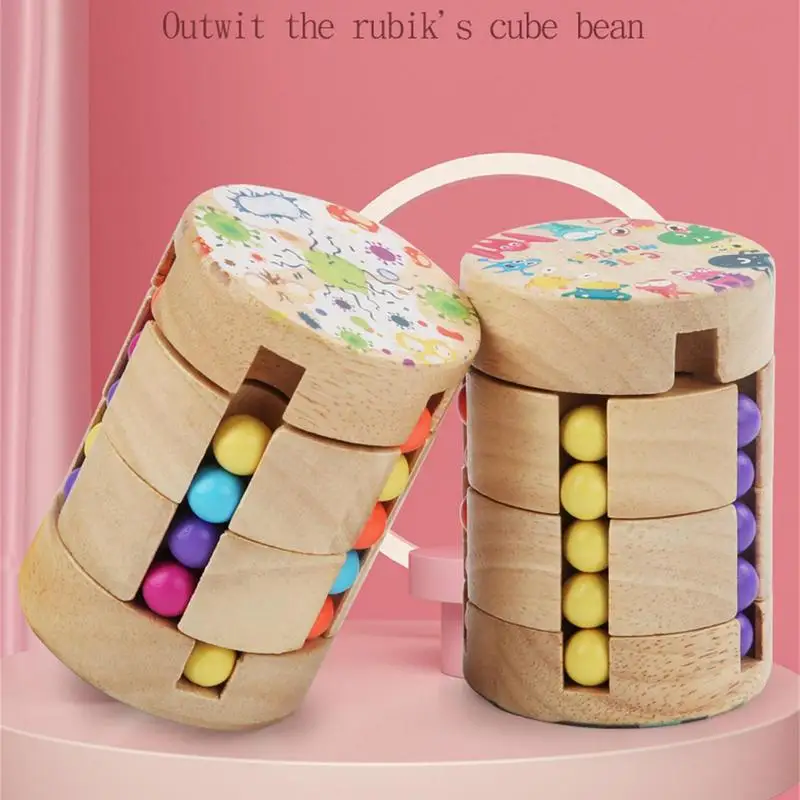 

Rotating Magic Bean Toy Wooden Cylinder Magic Bean Cube Funny Stress Reliever Rotating Puzzle Decompression Toy Educational Toys