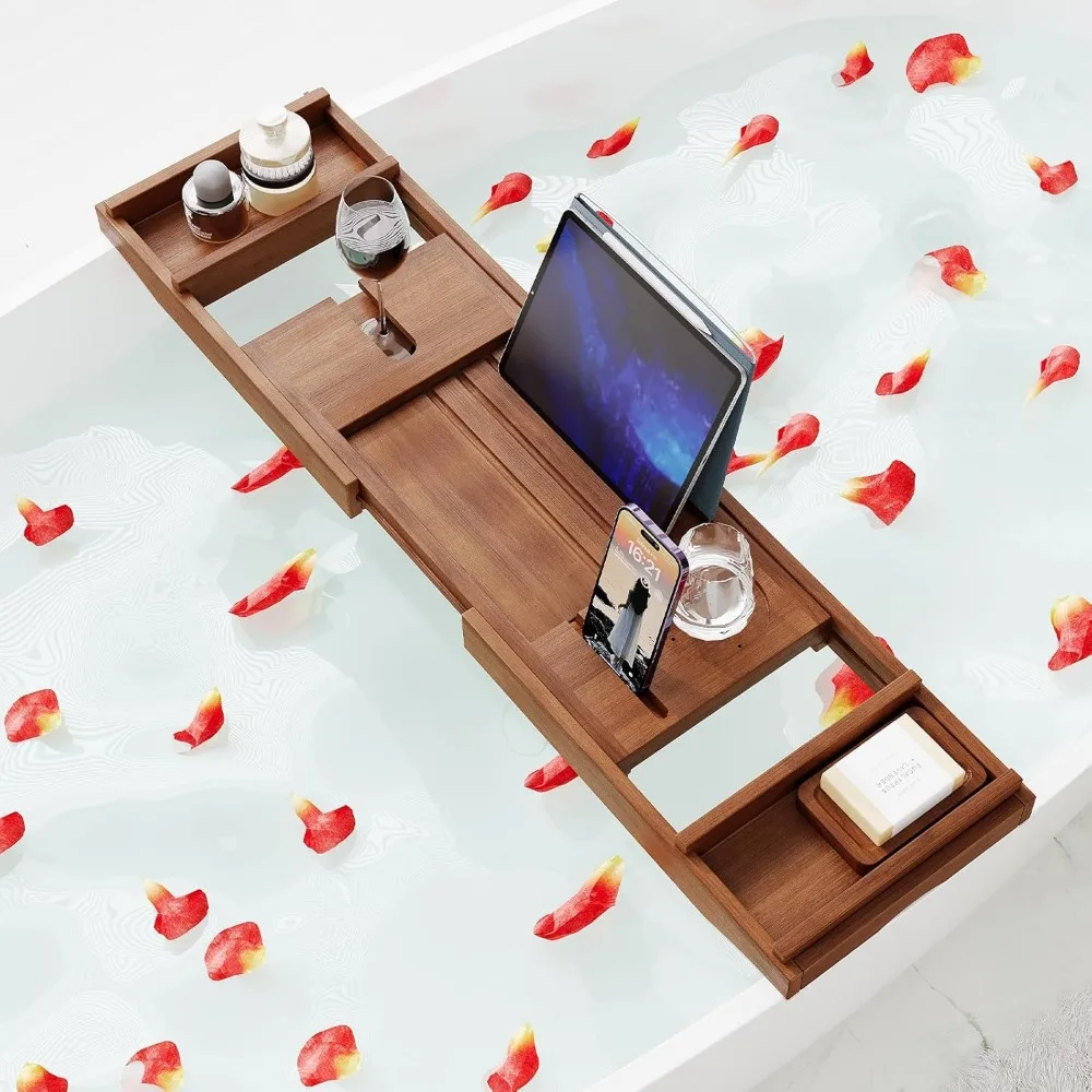 Nampan Bak Mandi Kayu Jati yang Dapat Diperluas dengan Tempat Gelas Anggur & Buku - Rak Mandi Kayu yang Dapat Disesuaikan untuk Pengalaman Spa yang Menenangkan