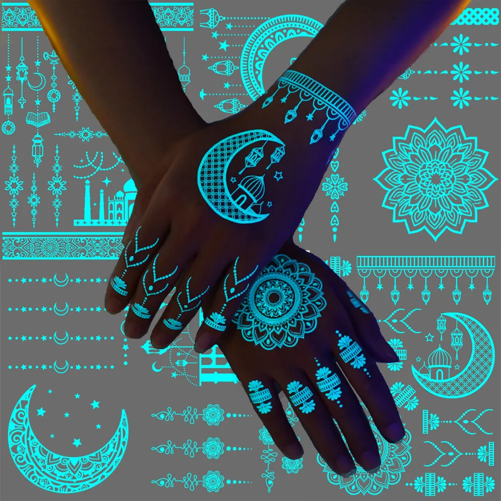4-Blatt Ramadan-Tattoo-Aufkleber, die im Dunkeln leuchten, geeignet für Frauen, wasserfeste temporäre Tattoos mit blauem Glanz, geeignet für