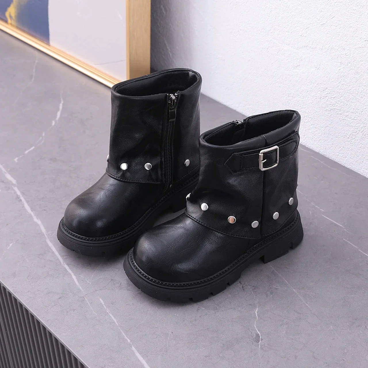 Kids Girls Ankle Boots Buckle & Stud Ornament Side Zipper Thick Non-Slip Sole Fashion Short Boots for Autumn Winter Daily Outfit