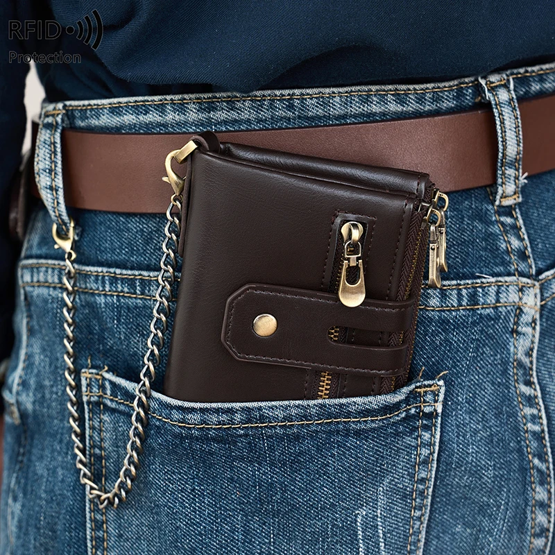 Dompet Pria Vintage Anti-RFID, Tempat Kartu, Dompet Lipat Anti Maling dengan Rantai, Tiga Kantong Resleting untuk Uang Koin