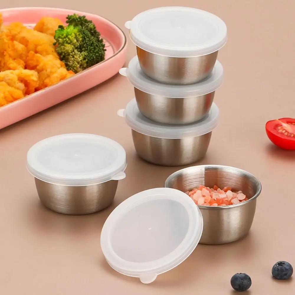 

6Pcs Portable 304 Stainless Steel Sauce Cup 40ml with Lid Salad Dressing Cup Round Leak-Proof Dipping Bowl Lunch