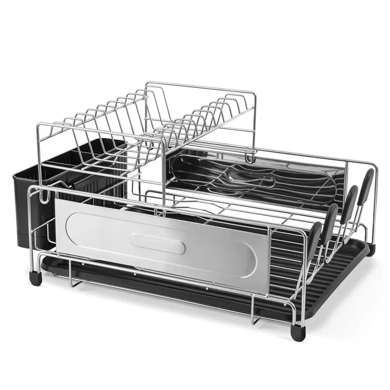 Large Stainless Steel 2-Tier Non-Folding Dish Drying Rack Kitchen Counter Drainboard Set Utensil Holder Multifunction Dish