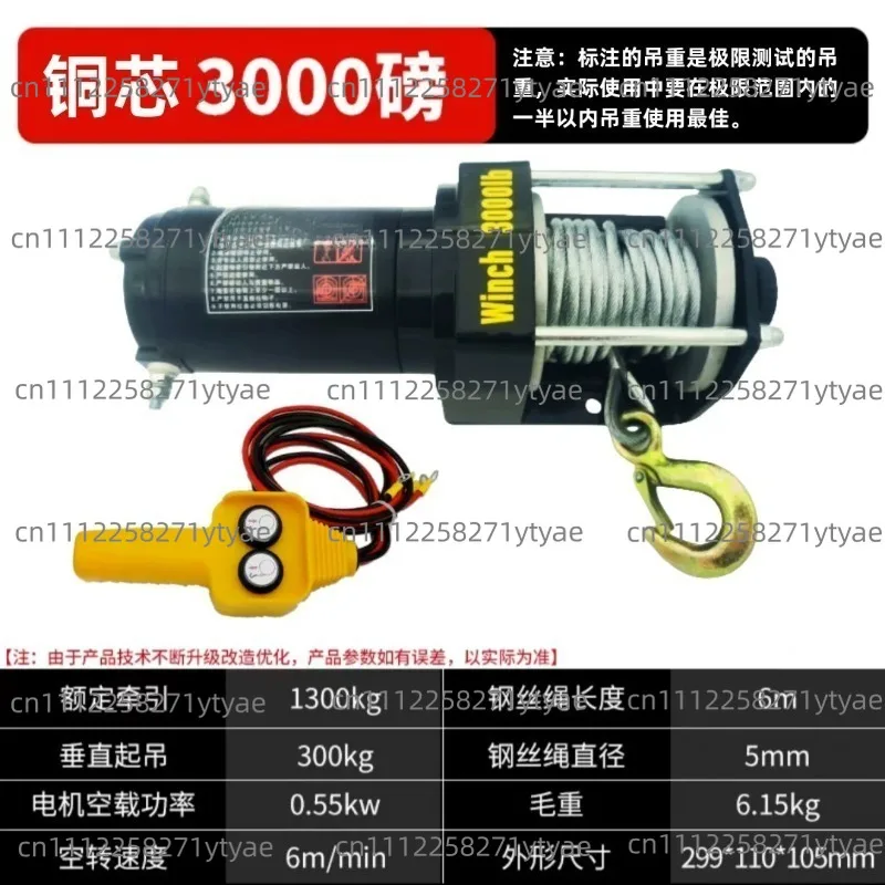 Electric Winch 12V Electric Hoist Car Winch 24V Winch Motor 1100W Horizontal Traction 3000 Lbs
