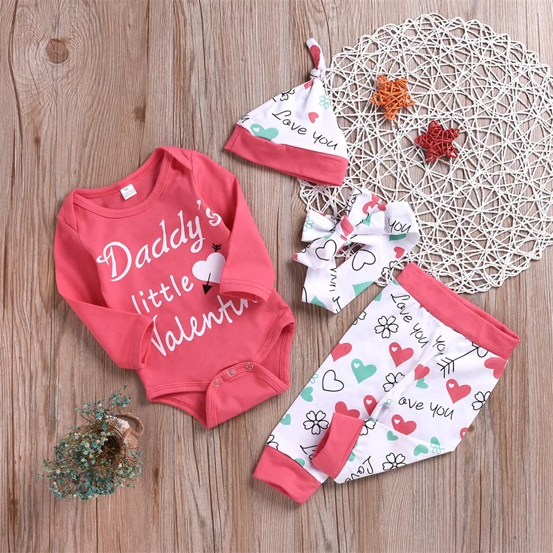 

Infant Girls 4-Piece Set Valentine s Day Outfit with Long Sleeve Romper Pants Hat and Headband for Newborns