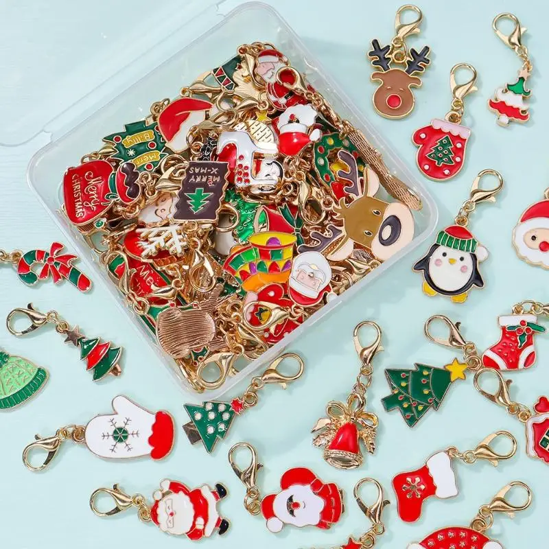 10/20/30Pcs Mixed Christmas Theme Keychains Clip-on Pendant Xmas DIY Making Pendants Necklaces Earrings Bracelets Handmade
