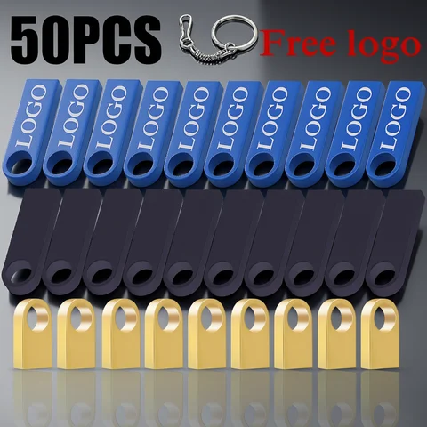 50PCS Custom LOGO USB Flash Drive 4GB 8GB 2.0 High Speed Pen Drive 16GB 32GB 64GB 128GB Metal USB Sticks with Key