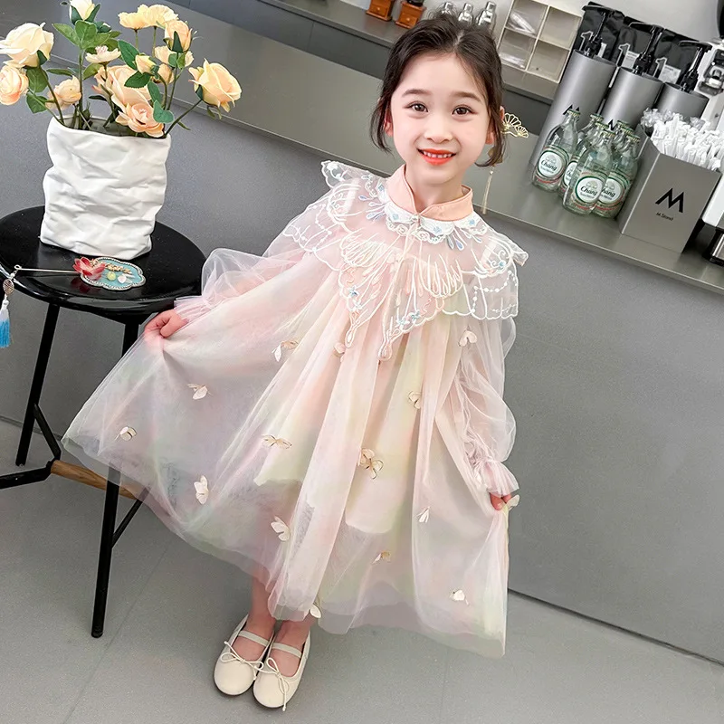 

Girls' 3D Butterfly Princess Dress New Spring and Autumn Chinese Style Super Fairy Embroidered Dress Birthday Vacation Style