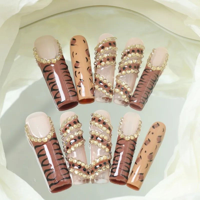 10 Pieces African Savannah Wild Handmade Press On Nails Glitter Zebra Leopard Long Nails Fake Nails Removable Reusable