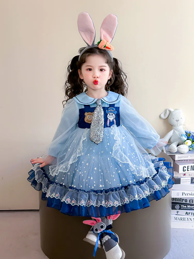 Girl Rabbit Officer Dress2025Spring and Autumn New Fashionable Children's Princess Dress for Little Girls