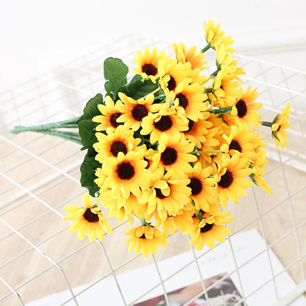 1 Bunch 24 Heads Artificial Sunflowers 29cm Silk Fake Flower Bouquet For Garden Bookstore Wedding Cafe Store Party Decor