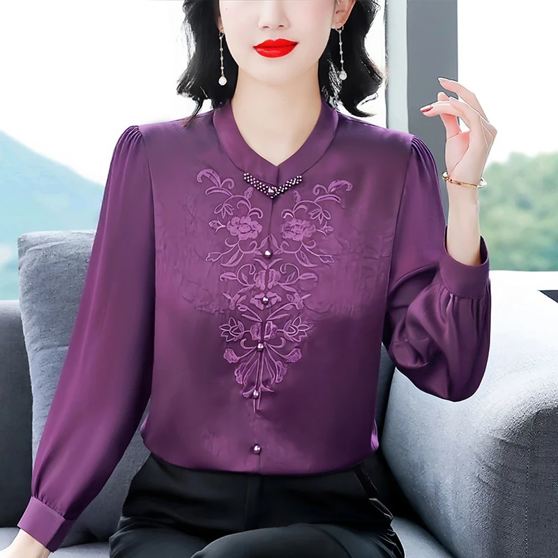 2025 Autumn New Fashion Embroidered Jacquard Shirt Elegant Fashion Satin Tops Pearl Button Long Sleeve OL Blouse