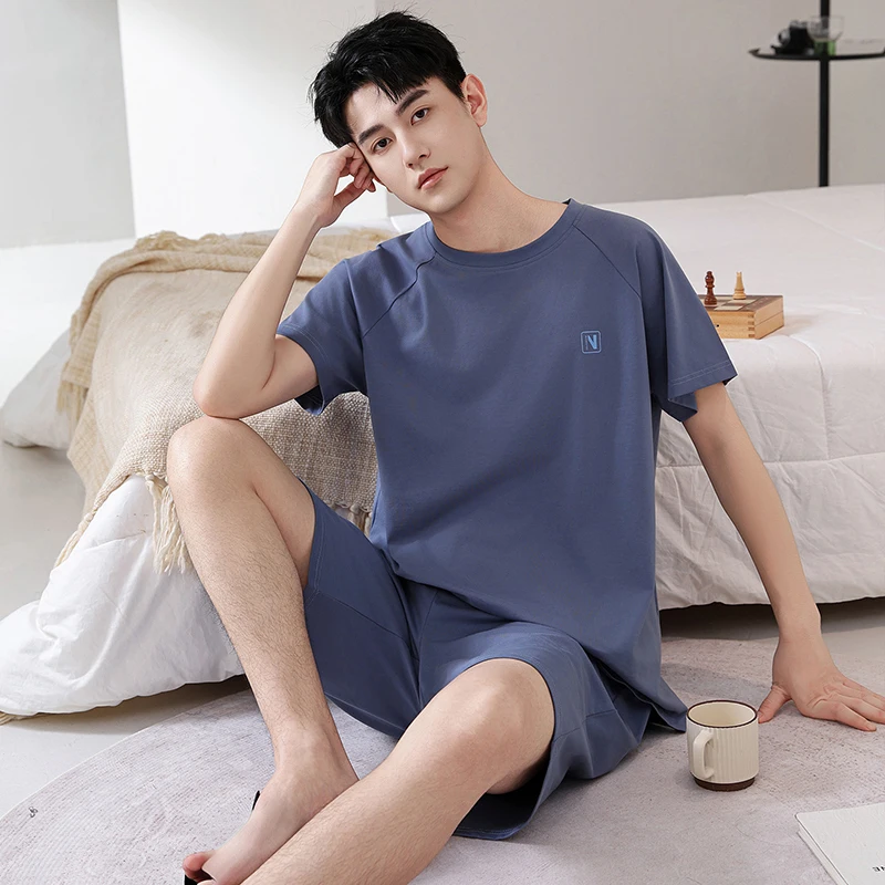 

Summer Men 100% Cotton Short Sleeve Pajamas Set Plus Size M-4XL Male Casual Sleepwear
