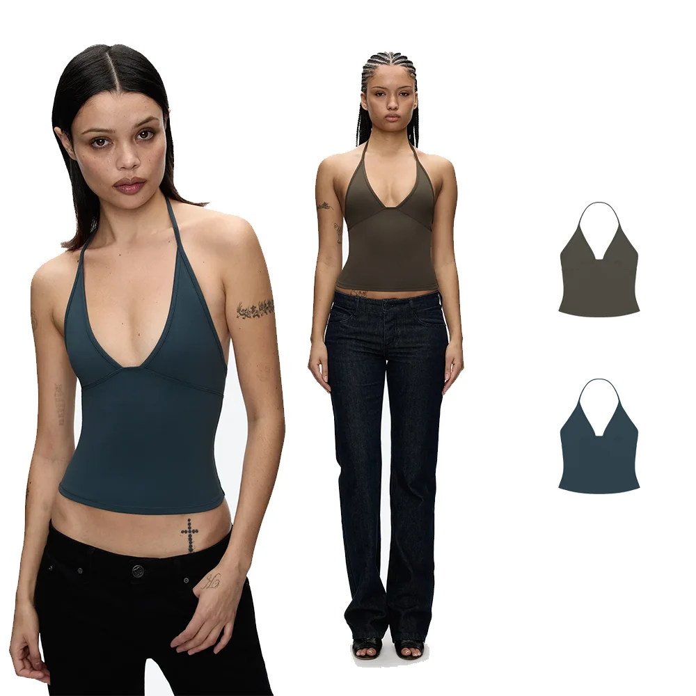 

Tank Spring/Summer New Deep V Halter Neck Top, Sexy Backless Slim-Fit Top, Triangle Cup Halter Tank, Waist-Cinching Slim Halter Tank Top