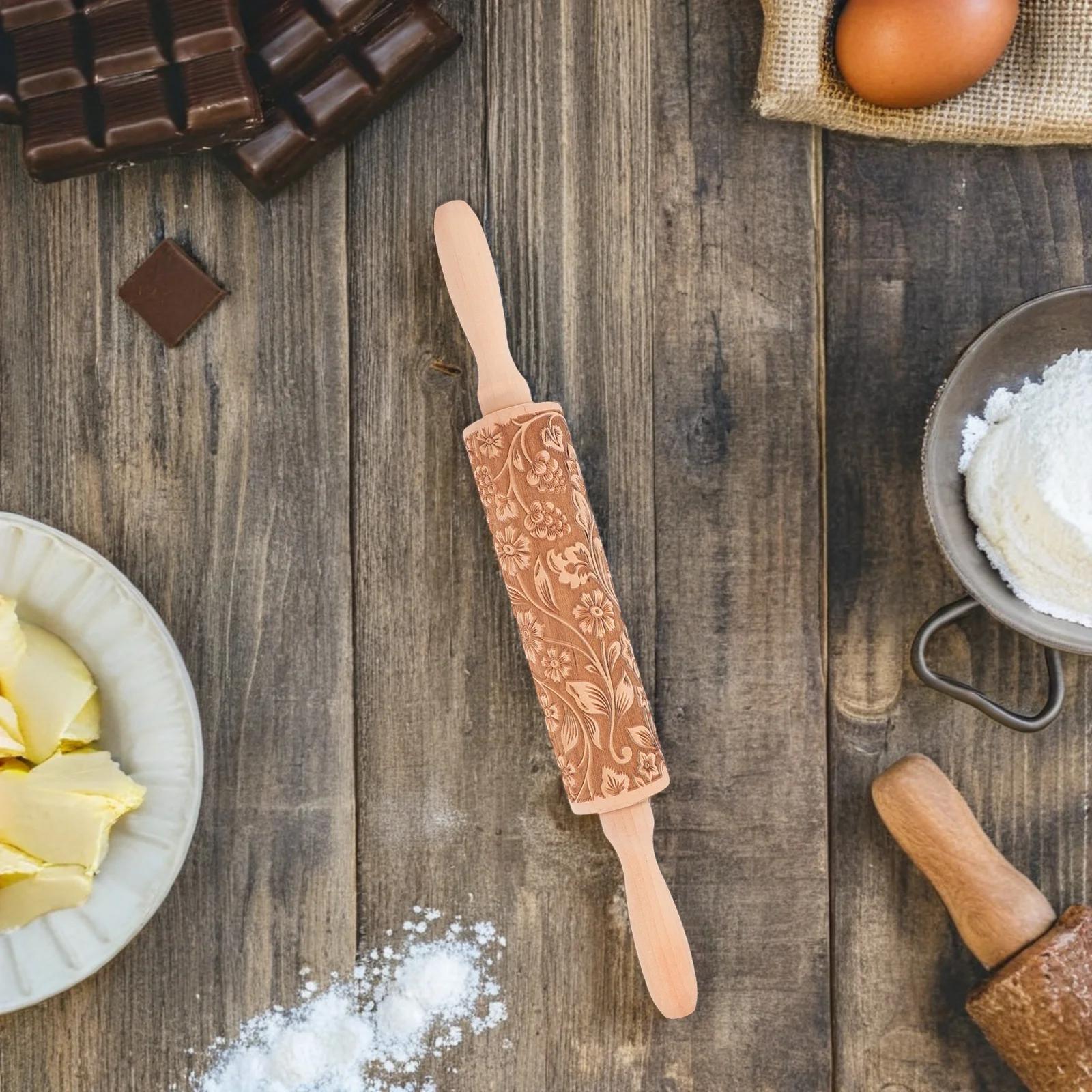 

3D Embossed Wooden Rolling Pin Snowflake Flower Pattern For Baking Fondant Cookies Pastry Dough Christmas Holiday Craft Tool
