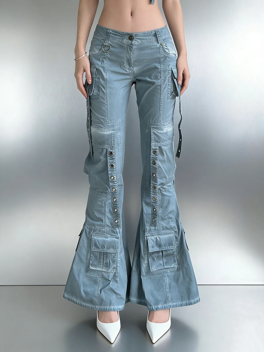 

Street Style Light Blue Cargo Flare Pants for Women Low Waist Multi Pocket Design Button Accent for Music Festivals