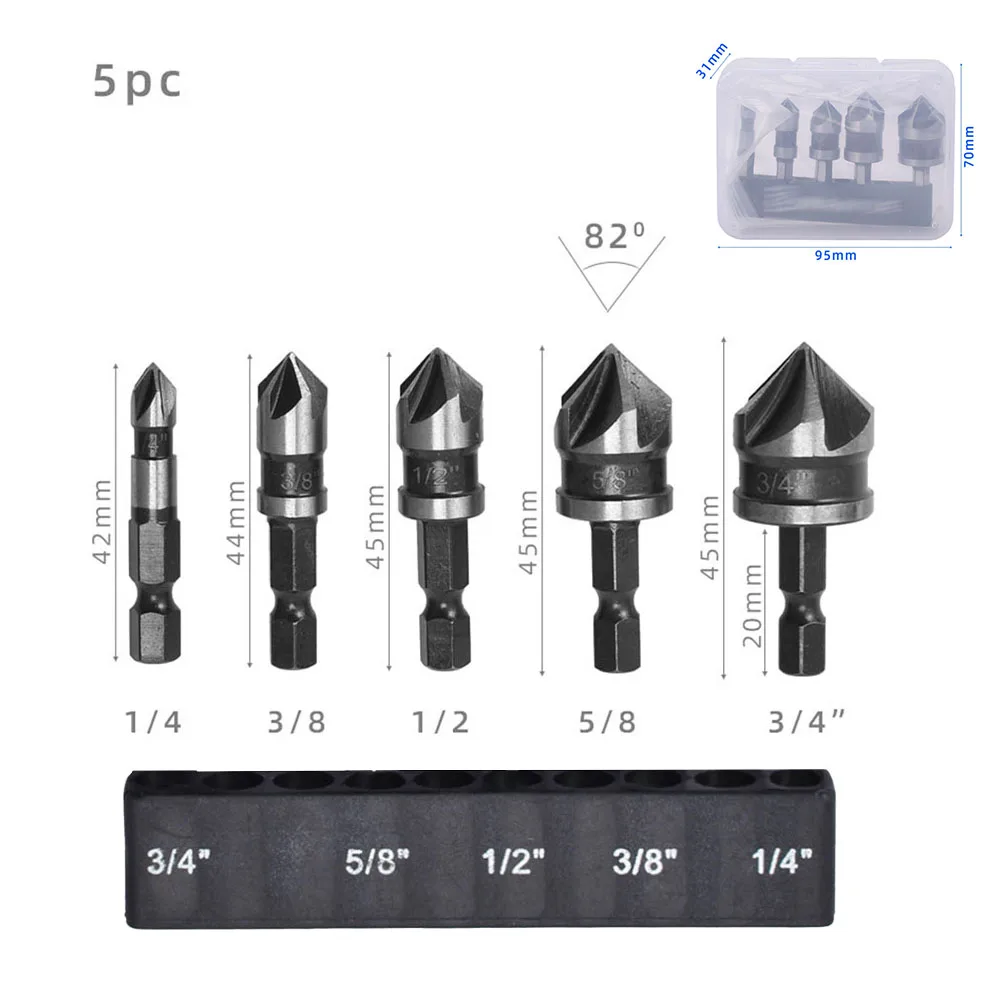 

Набор сверл для зенковки, комплект из 5 насадок с шестигранным хвостовиком и 5 канавками, 82 градуса, для сверления