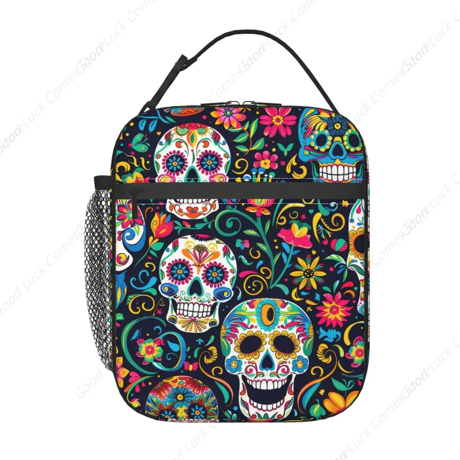 Reusable Gothic Sugar Skull Lunch Box for Kids Girls Boys Women Adult, Insulated Day of the Dead Lunch Bag,Polyester Cooler