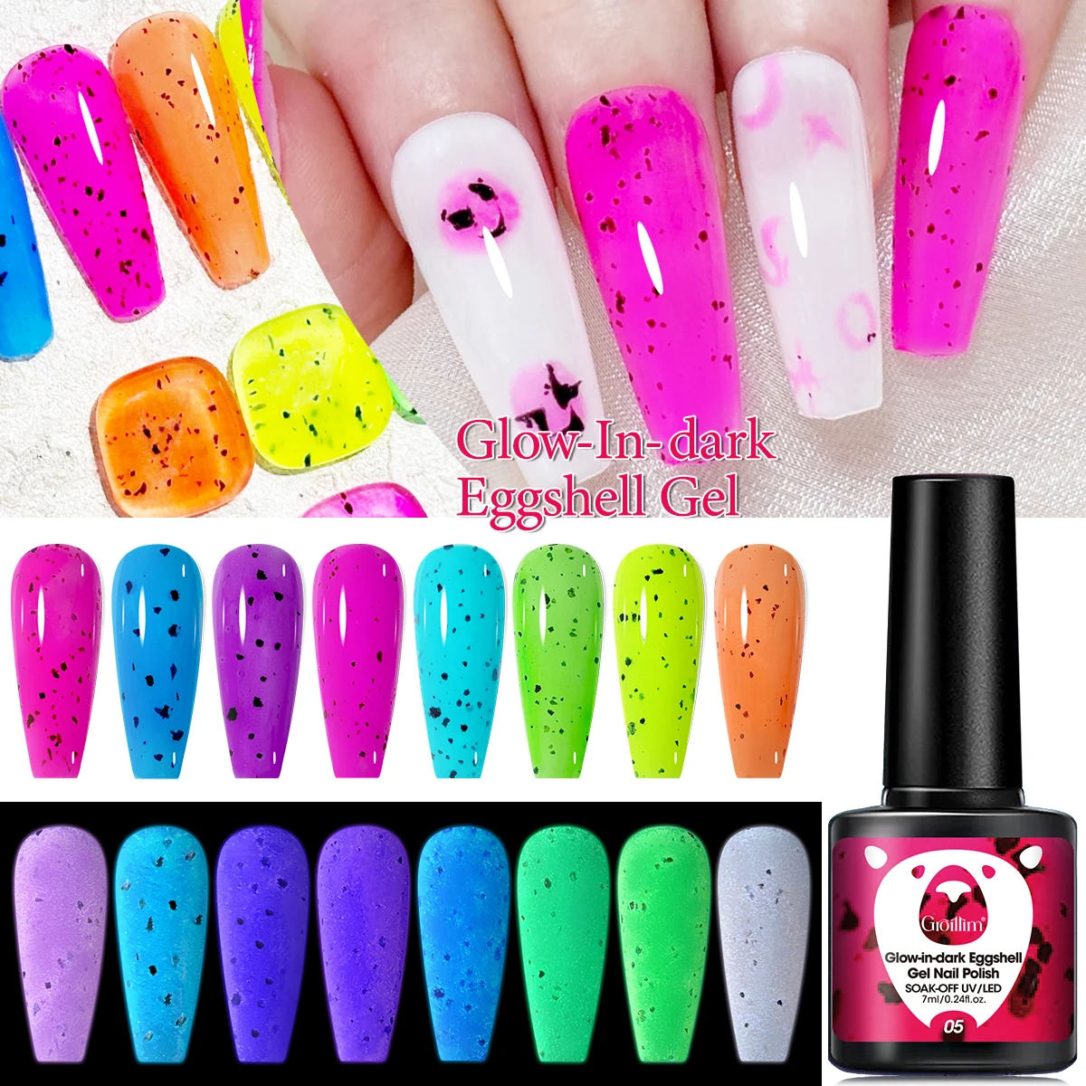 Esmalte luminoso em gel casca de ovo -8 peças, cor neon de alta saturação, brilho duradouro, adequado para superfície brilhante ou fosco para