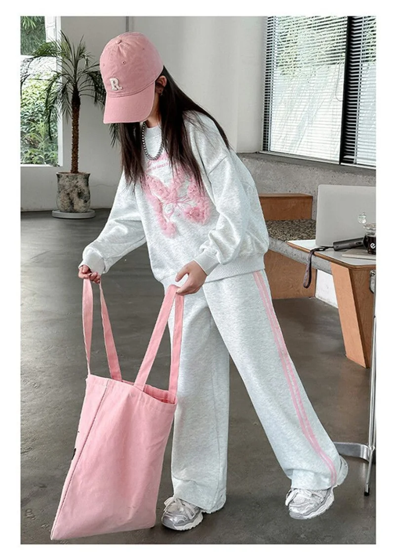 ZOETOPKID Mädchen Herbst-Sets Teenager Frühling Sportanzüge Kinder Spitze Schmetterling Sweatshirt+Lose Hose 2-teilig Kinder-Outfits – Detail 8
