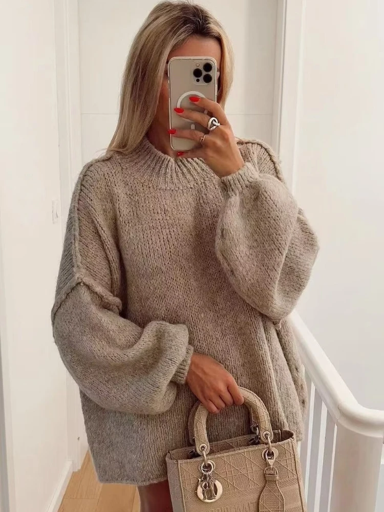 Leosoxs 2024 Autumn Elegant Sweater Women Loose Long Lantern Sleeve O-neck Female Knitted Pullover Thick Casual Street Lady Top