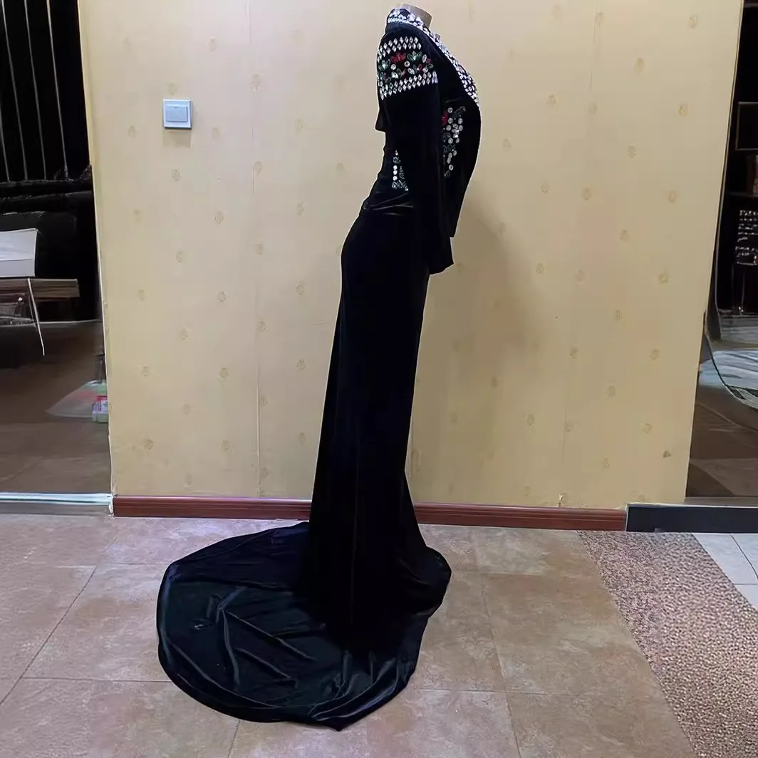 เซ็กซี่ต่ําหน้าอกอาหรับชุดราตรีประกาย Rhinestone Party แขนยาว Vestidos Para Fiesta De Lujo Vestidos De Grad