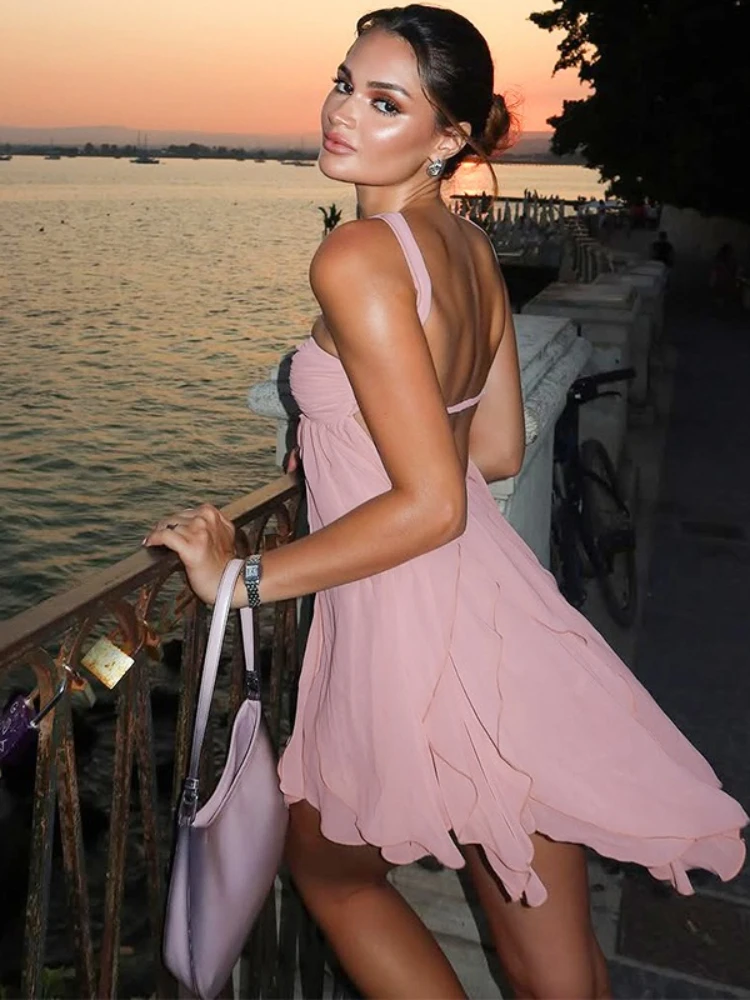 FDYOUI Woman Clothes Pink Mini Dress Sexy Halter Off Shoulder Backless T-shirt Dresses Girls Floral Print Party Club Streetwear