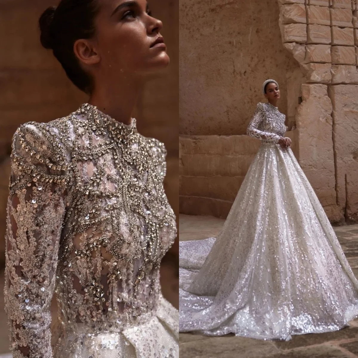 Luxury Crystal Wedding Dresses Sequins Bride Gown High Neck Long Sleeve Bridal Dress Sweep Train Custom Made Vestidos De Novia