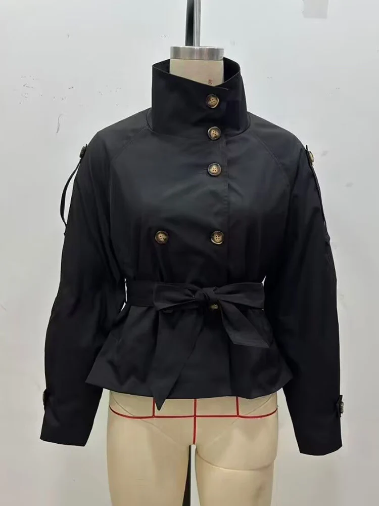 المرأة شيك الوقوف طوق مربوط اقتصاص معطف واقٍ من المطر أنيقة السيدات مزدوجة الصدر 2025 الخريف جديد ملابس خارجية غير رسمية التنقل #4