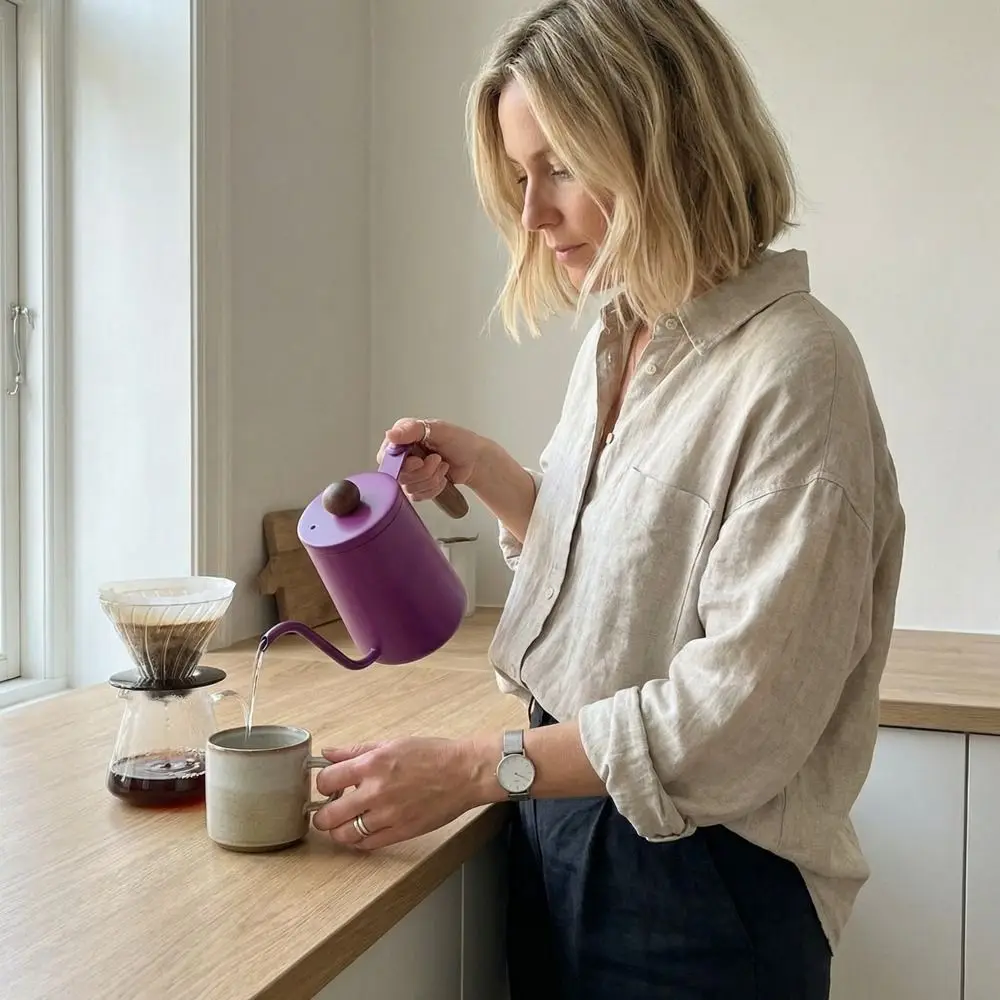 600ML Pour Over Coffee Kettle Stainless Steel Wood Handle Drip Filter Coffee Maker Temperature Meter Anti-scald