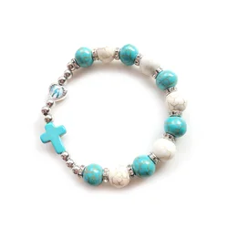 Cross Elastic Rosary Bracelet Blue Stone Beads Strand Jewelry For Men Women