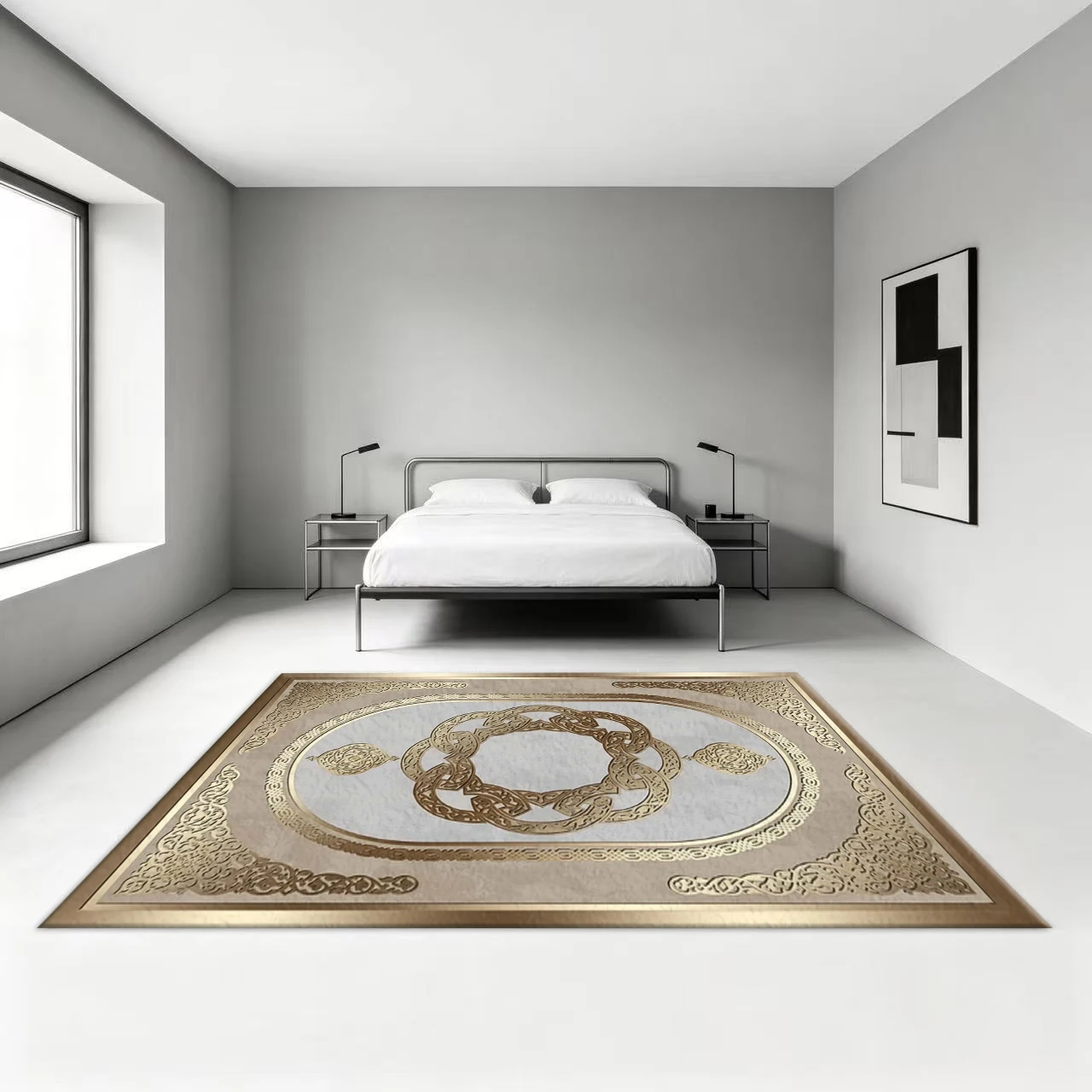 Beige Gold Luxury Square Area Rug Modern Ornate Frame Printed Floor Carpet for Living Room Bedroom Home Decor