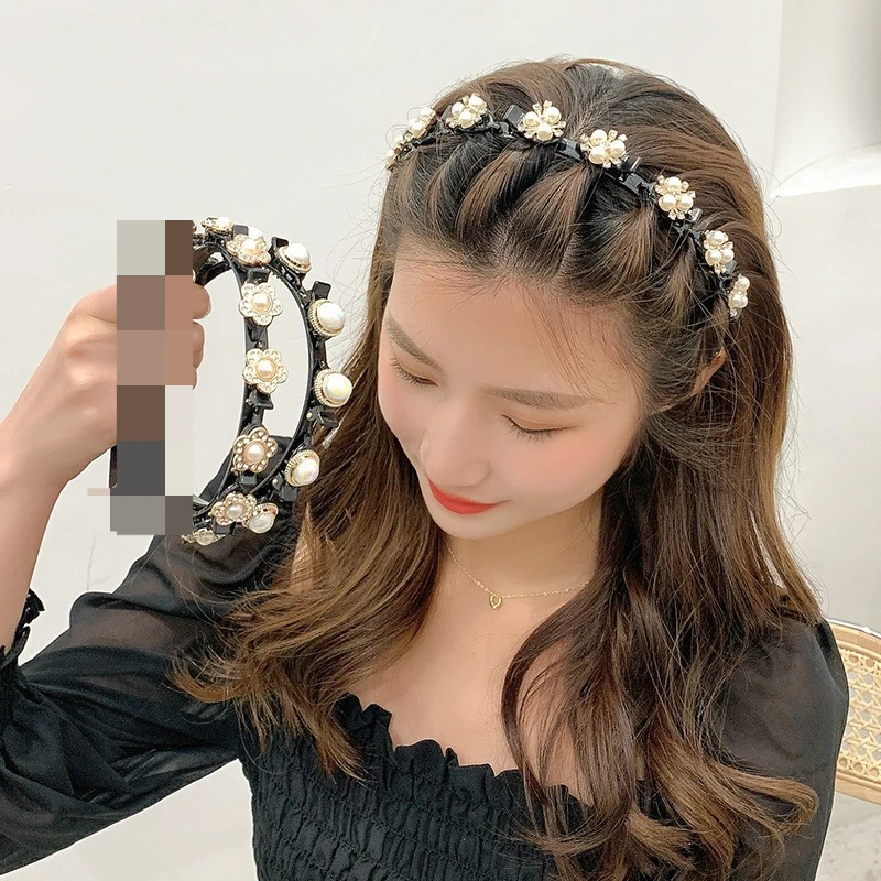 

Fashion Pearl Braided Headbands for Women Double Layer Bands Clip Hair Bands for Women Hair Accessories for Girls Hairband