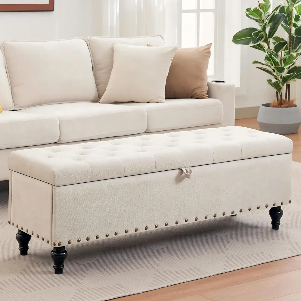 

Linen End of Bed Storage Bench, Tufetd Upholstered Storage Ottoman Bench with Safety Hinge, 330 lb Large Ottoman wit