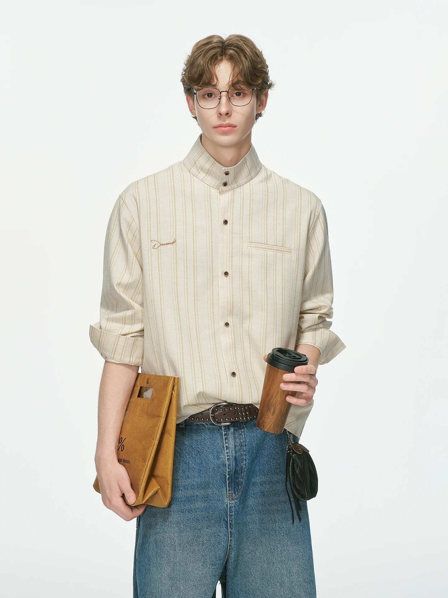 Dream Made Men's Striped Long Sleeve Shirt Stand Collar Commuter Style Autumn Fashion Casual Loose Fit Polyester Blend
