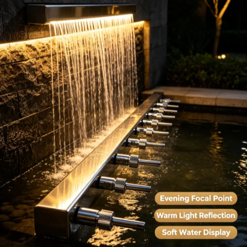 Mirror Polished Stainless Steel Linear Multi Nozzle Water Spout Wall Mount Rain Drop Cascade Pool Landscape Hardware Fitting