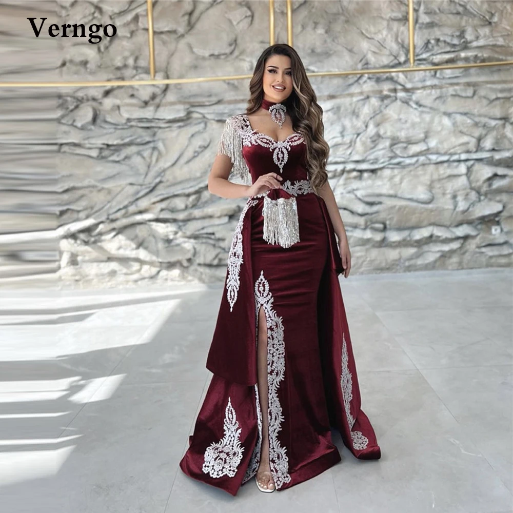 Verngo Dark Red Burgundy Velvet Mermaid Evening Dresses Kaftan Dubai Women Applique Tassel Slit Prom Gowns With Detachable Train