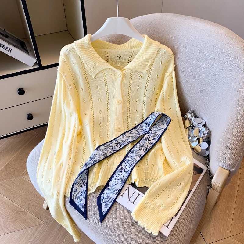 

2025 Spring Autumn Faionable Versatile Slimming Collared Hollow out Knitwear Women's Loose Casual Top High Quali Polyeste...