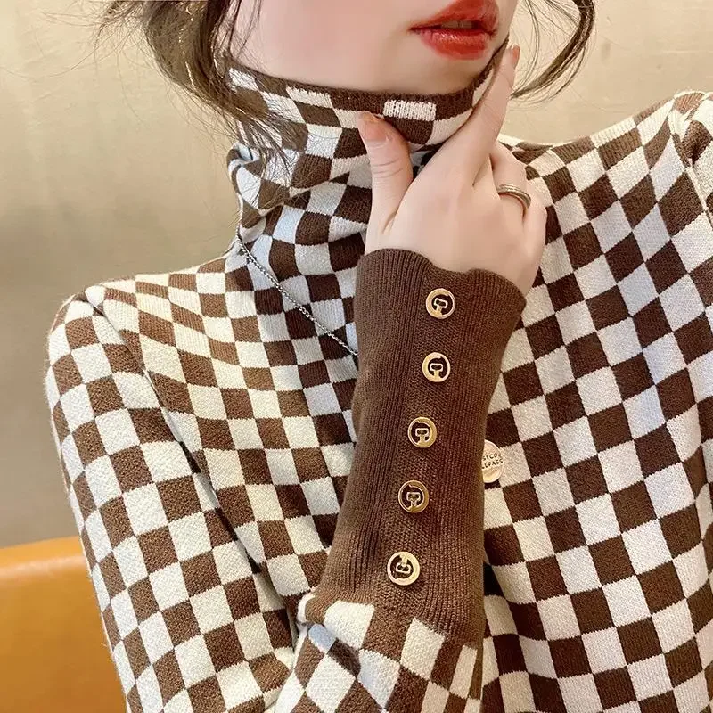 Korean Style Checkerboard Knitted Sweater Pullover Women's Inner Wear 2024 New Autumn New Fashion Slim Fit Versatile Top